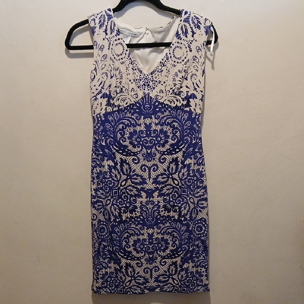 Maggy London Blue and Cream Midi Dress